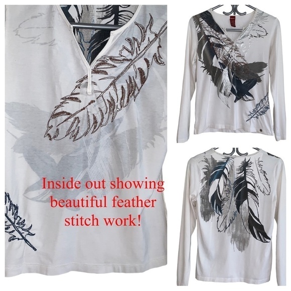 2/$10 MOVING SALE Y2K Olsen Europe Long Sleeve Top Feather Patterned Stitchwork - Picture 12 of 15